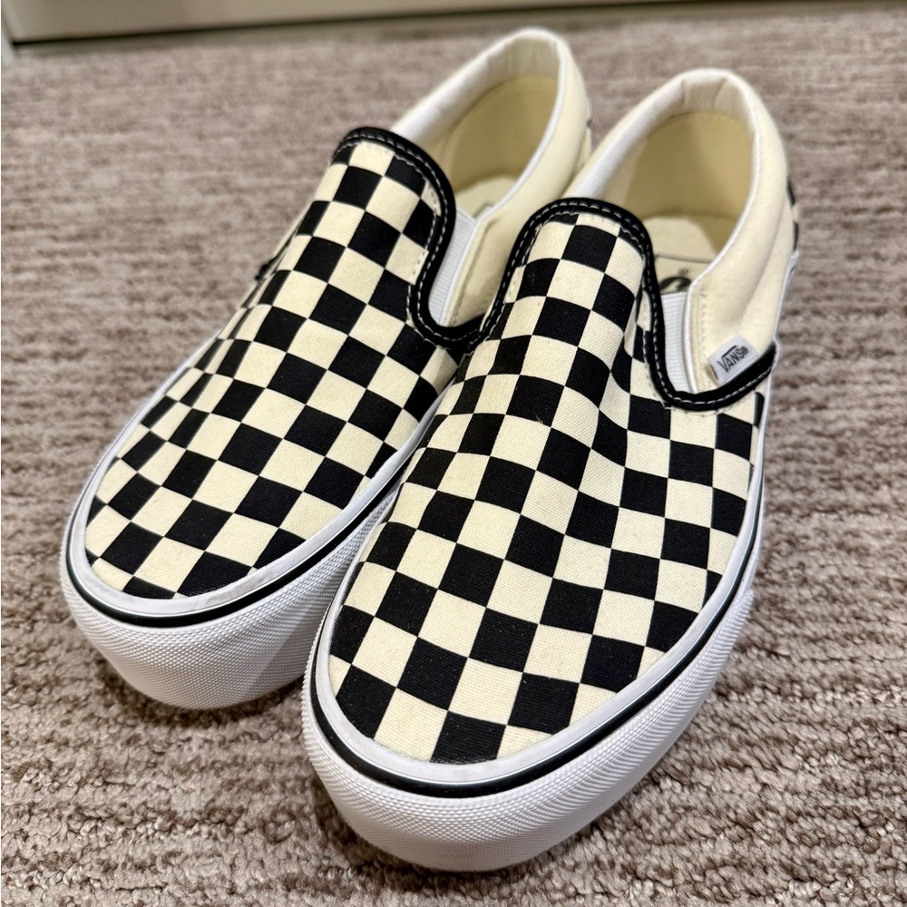 Vans Women’s Black and White Checkered Slip-On Platforms - Like NEW